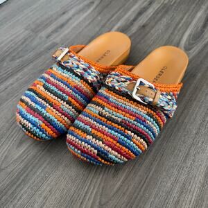 Clergerie Quinta Multicolor Raffia Slip On Buckle Mules 38 Orange Woven Slides
